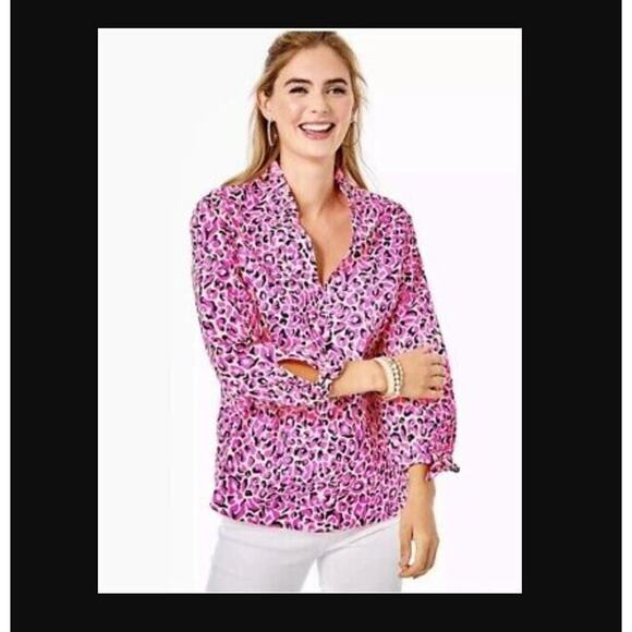 Lilly Pulitzer Size XL Sherida Pink Cheetah Leopard Animal Print Split V Neck Lo - Picture 2 of 9